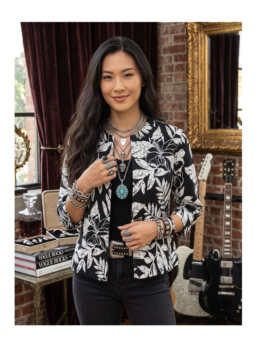 new Chico’s ☯︎︎ Leaf Printed Lace Zipper Zip Hoodie Jacket ☯︎︎ Black White ☯︎︎ M